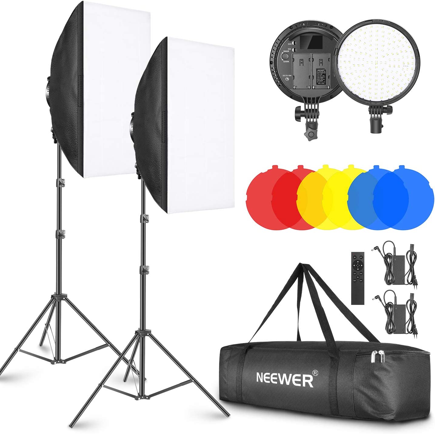 Neewer 2-Pack 2,4G Kit d'Éclairage LED Softbox avec Filtre Couleur de 51,1x71 cm, 3200-5600K 48W Tête d'Éclairage LED Dimmable avec 2,4G, Support